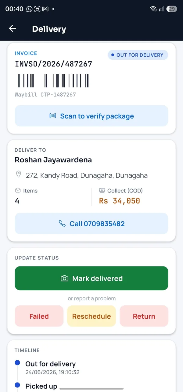 SkyCore Courier app — delivery screen with proof of delivery