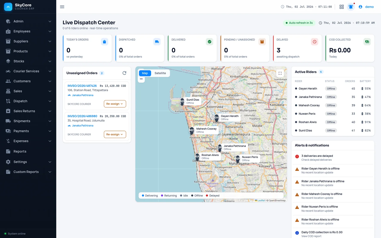 Live Dispatch Center — real-time KPIs, a live rider map and the unassigned-order queue on one screen